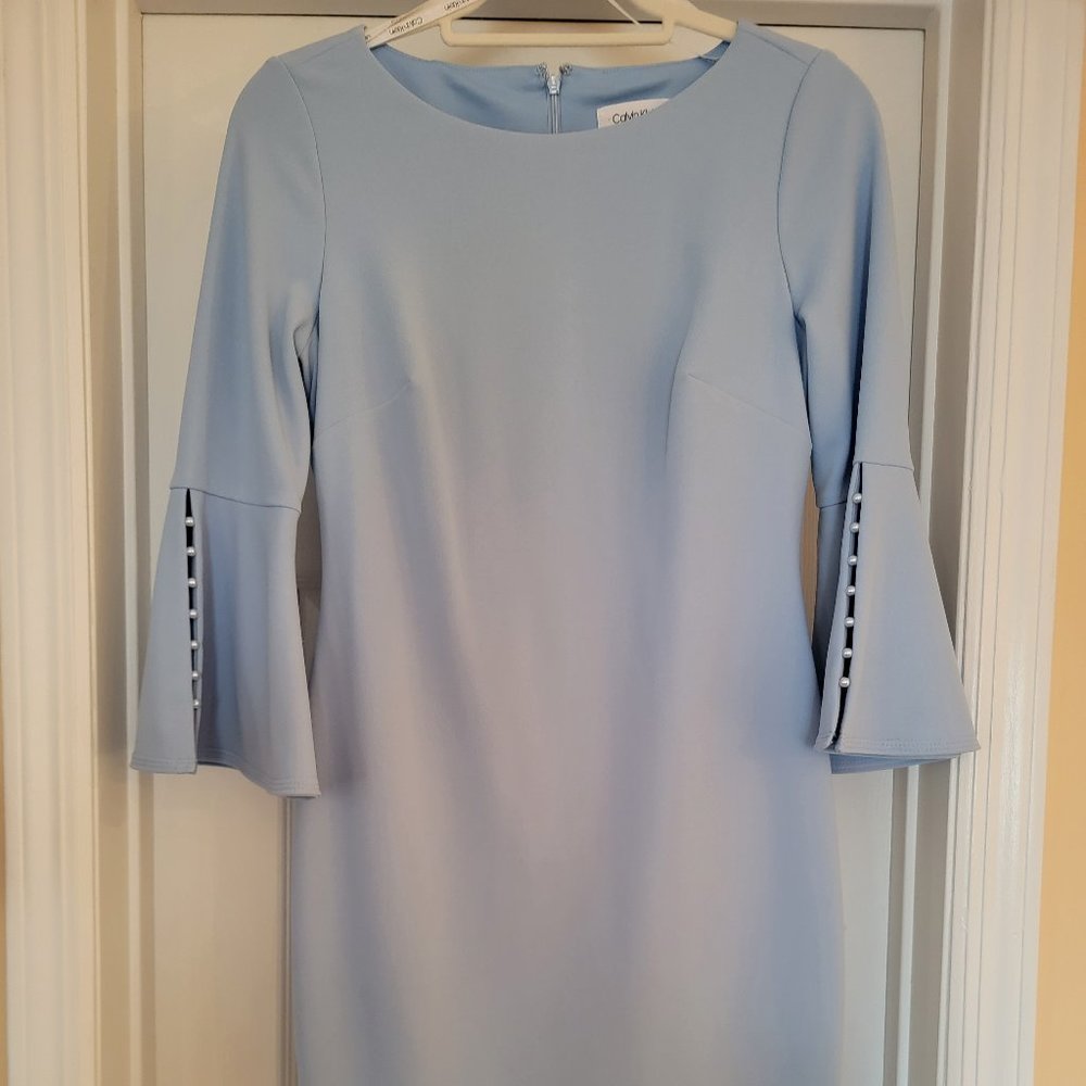 Calvin Klein bell sleeve dress with Pearl Accents, Blue, Size 4